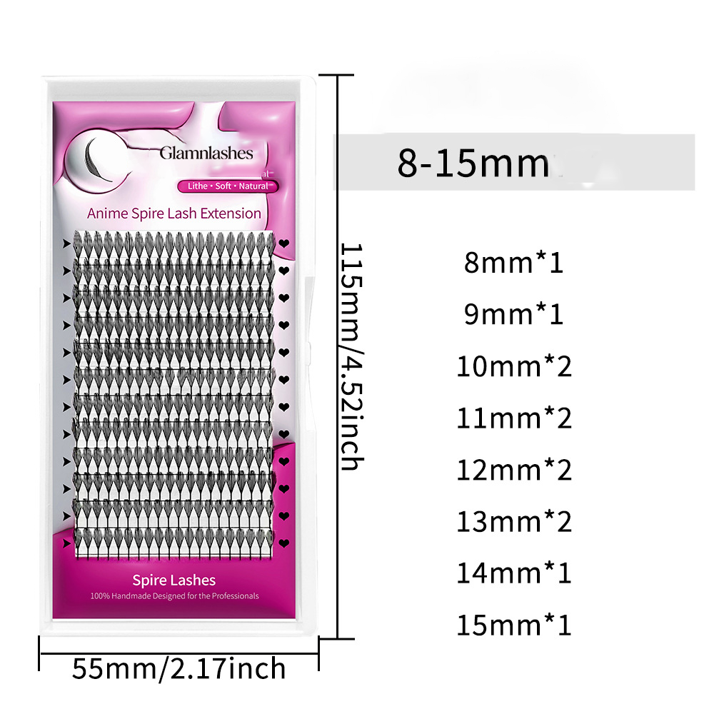 Glamnlash Anime Spire Lash Extensions Tray, 8-15mm Mixed Lengths, Soft Natural Spire Fans for Lash Artists