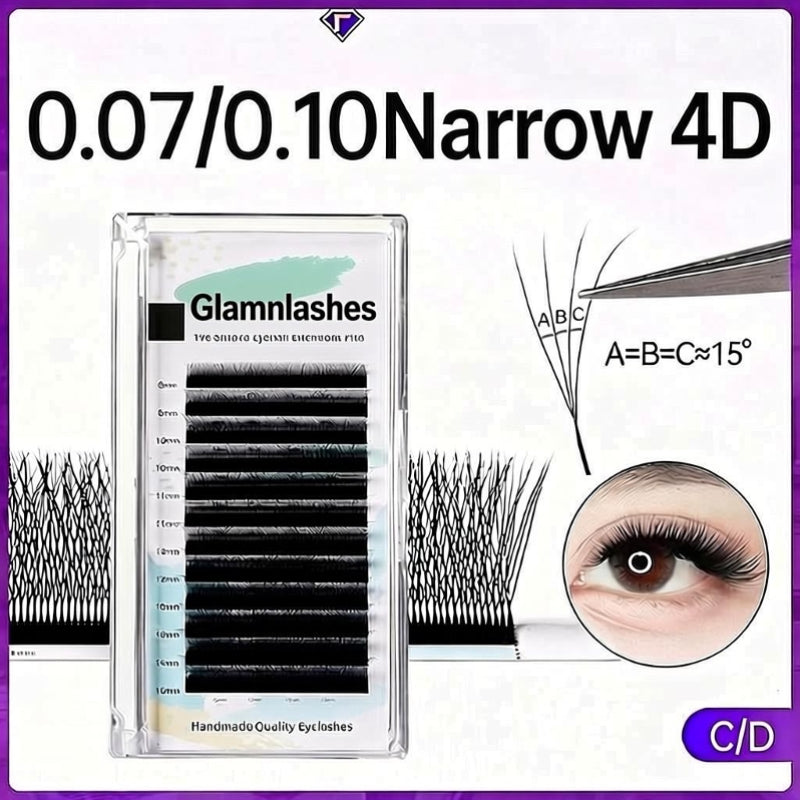 0.07/0.10mm Narrow 4D Lash Extensions, Handmade Lashes with C/D Curl for Professional Use