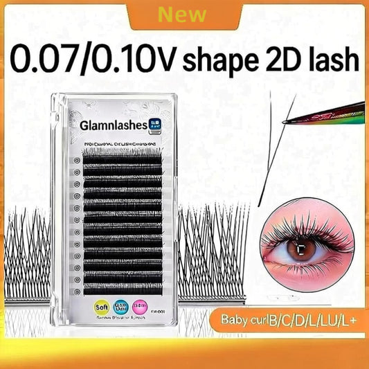 0.07/0.10mm V-shape 2D Lash Extensions, Baby Curl with B/C/D/L/LU/L+ Curl`