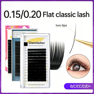 0.15/0.20mm Flat Classic Lash Extensions, Two-Tip Ellipse Lashes with B/C/CC/D/D+ Curl
