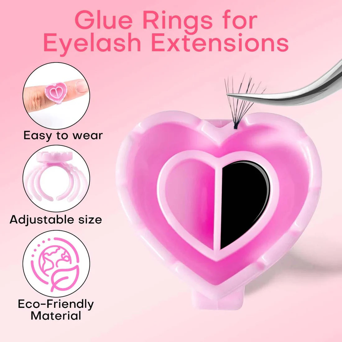 Adjustable Heart Glue Rings for Eyelash Extensions - Disposable Lash Glue Holders, 100pcs