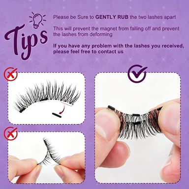 Magnetic false eyelashes care tips guide, correct way to separate magnetic lashes gently to avoid magnet falling off and lash deformation, wrong operation comparison diagram for reusable magnet eyelashes maintenance