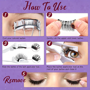 Magnetic false lashes step-by-step usage poster, easy apply & remove tutorial with lash applicator tool