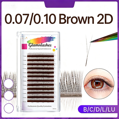 Brown 2D YY shaped pre made eyelash extensions 0.07mm & 0.10mm, multiple B/C/D/L/LU curl salon grafting lash tray