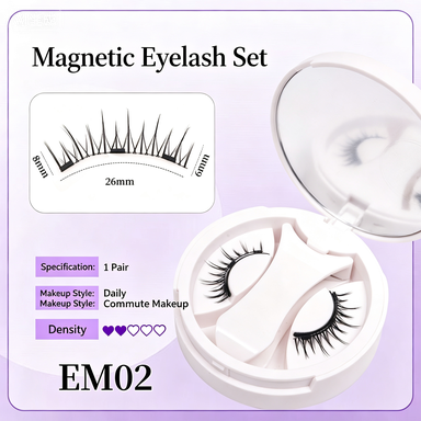 EM02 Natural Daily Magnetic Lashes, reusable 3-magnet false eyelashes set with portable mirror case for commute makeup