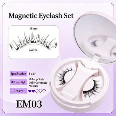 EM03 Magnetic Eyelash Set, 3 tiny magnets glueless false lashes 4-11mm length, natural daily commute makeup lash kit with mirror storage case and applicator, 1 pair