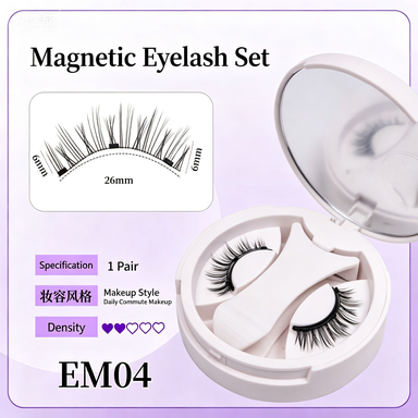 EM04 Magnetic Eyelash Set, 3 tiny magnets glueless false lashes 6-11mm length, natural daily commute makeup lash kit with mirror storage case and applicator, 1 pair