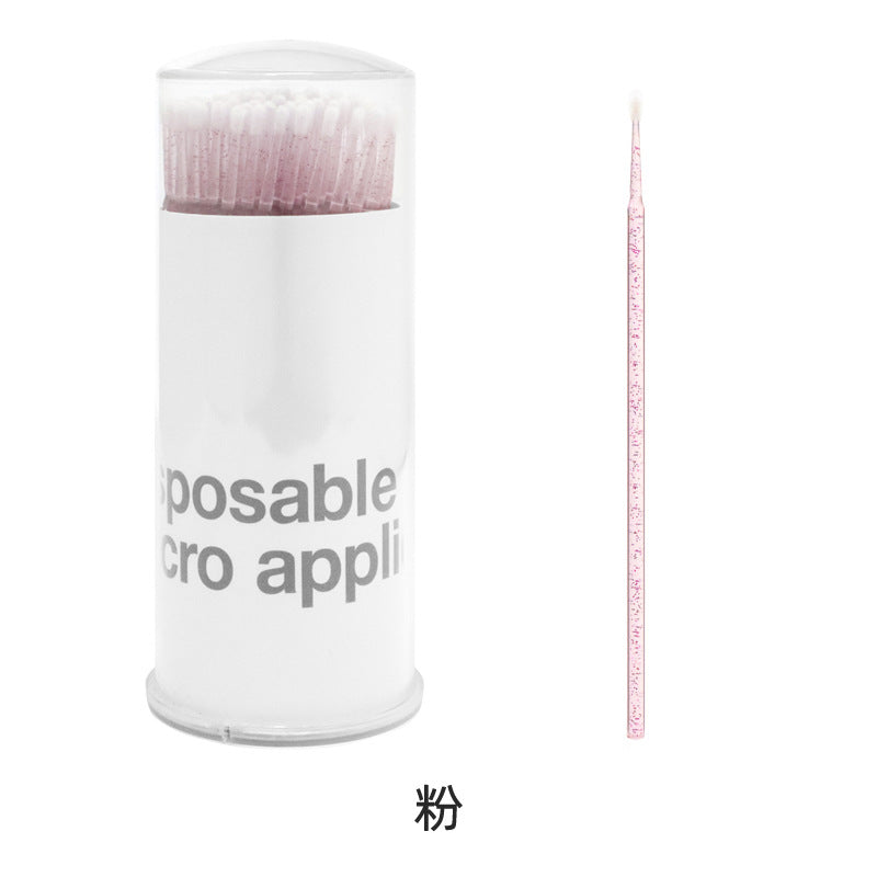 100pcs pink glitter handle disposable micro swabs in bottle, precision micro applicator brush for eyelash extension glue removal and lash cleaning