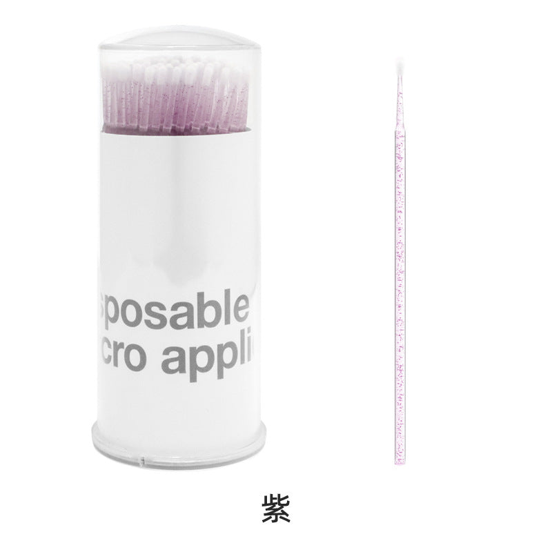 100pcs purple glitter handle disposable micro swabs in bottle, precision micro applicator brush for eyelash extension glue removal and lash cleaning