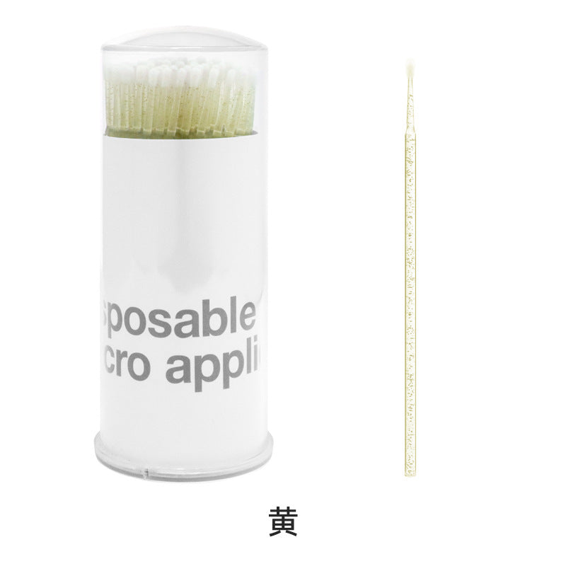 100pcs yellow glitter handle disposable micro swabs in bottle, precision micro applicator brush for eyelash extension glue removal and lash cleaning