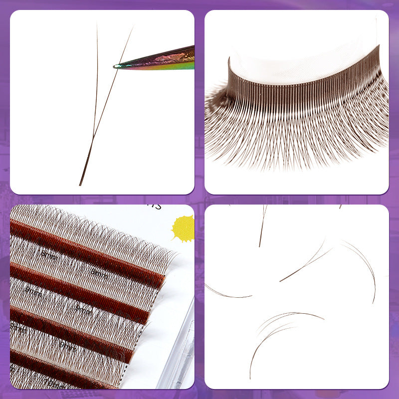 Four-grid close-up of brown 2D YY pre-fanned eyelash extensions, macro view of Y shape graft lash structure and tray layout for salon supply