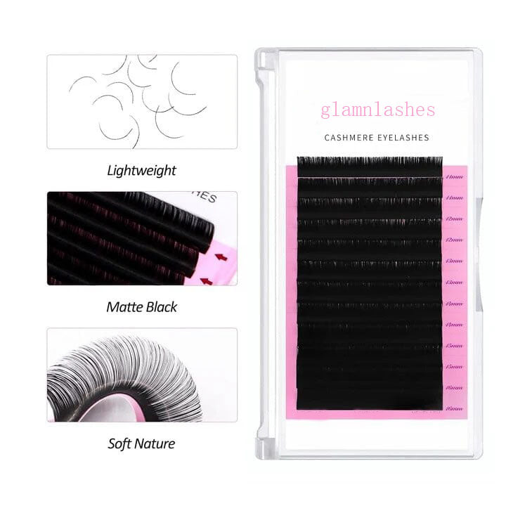 Feature chart of cashmere individual lash extensions 0.03mm, lightweight matte black soft nature salon grafting eyelash product