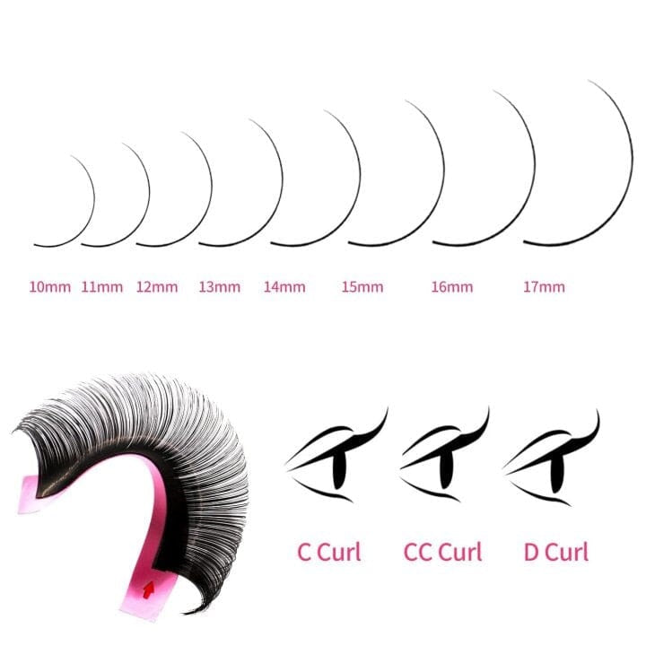 Size & curl guide for 0.05mm cashmere lash extensions, 10-17mm lengths with C CC D curl eyelash specification infographic