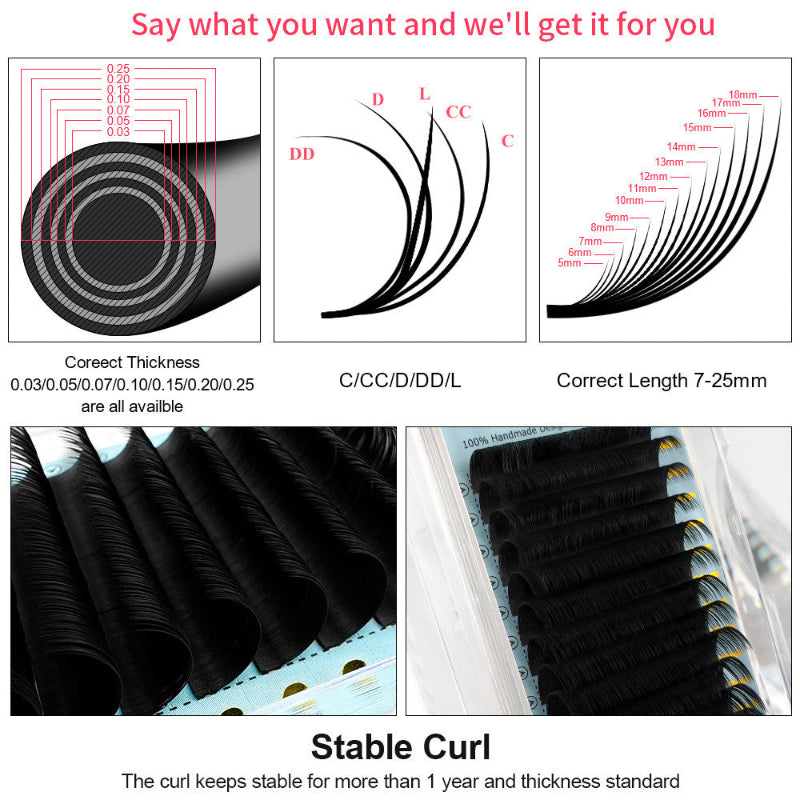 Cashmere Lash Extensions Specifications Chart, Stable Curl, Multiple Thickness/Length/Curl Options for Lash Artists