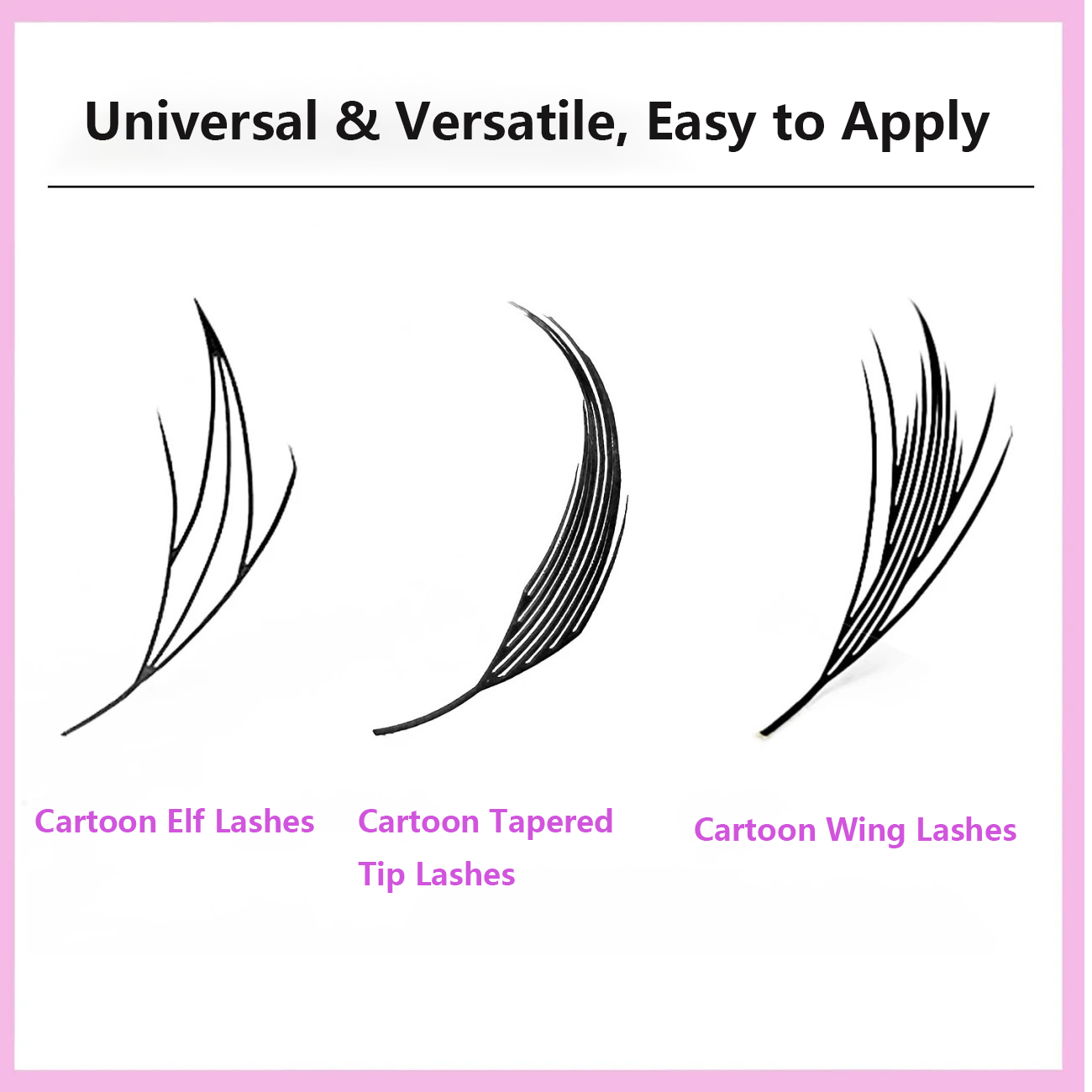 Comic Style Lash Extension Diagram, 3 Popular Designs: Sprite, Tower Tip, Wing, Easy to Apply