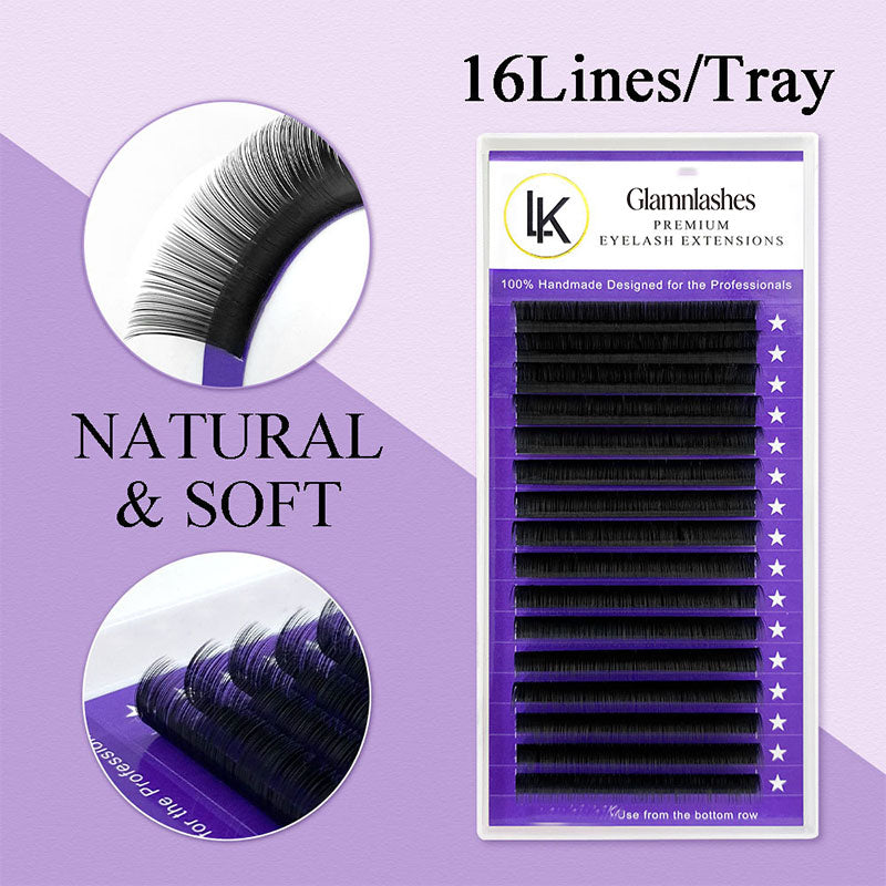 Glamnlash 16-Line Premium Eyelash Extensions Tray, Natural & Soft Lashes, 100% Handmade for Professionals