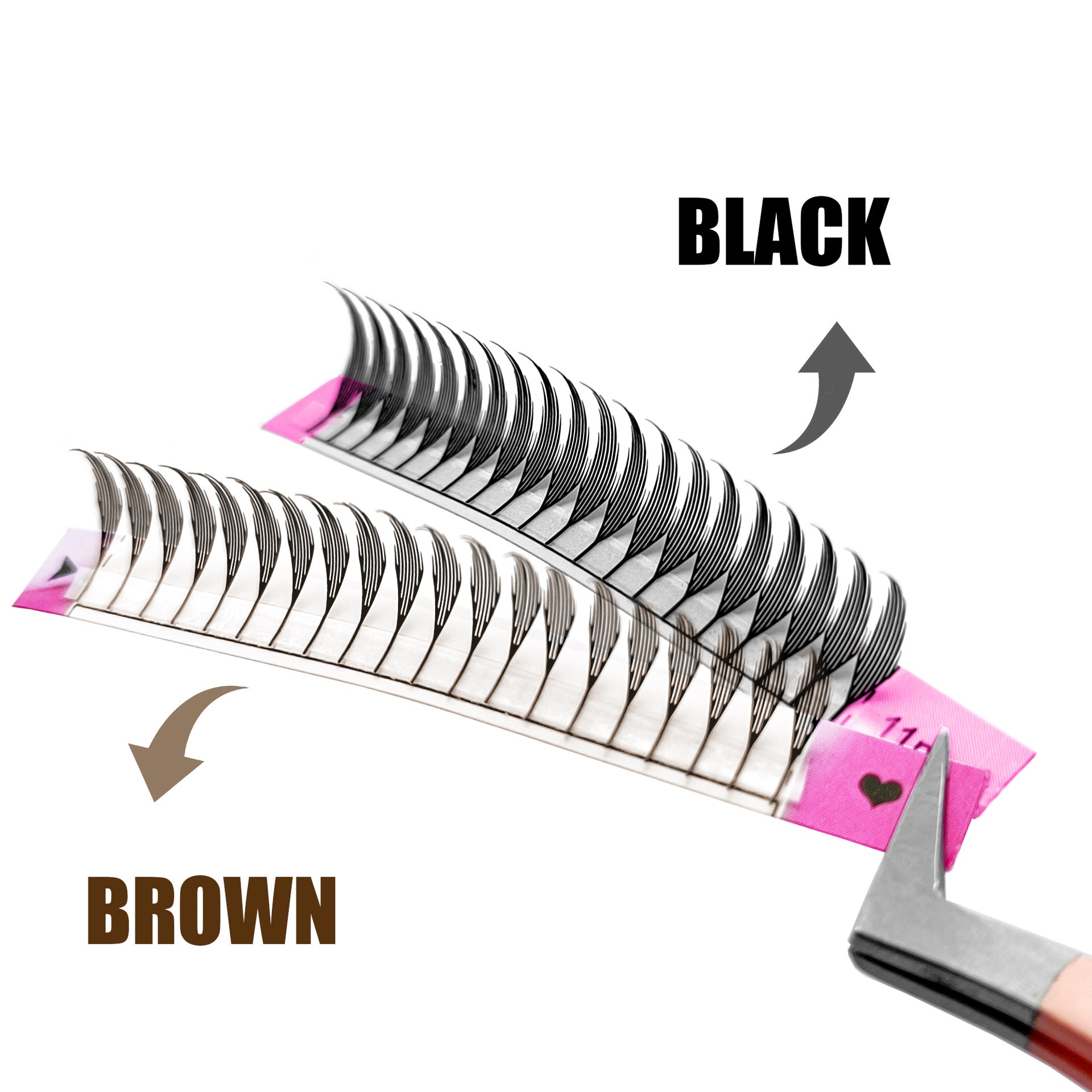 Black and brown pre-fanned manga lash extensions, two color options for different makeup looks