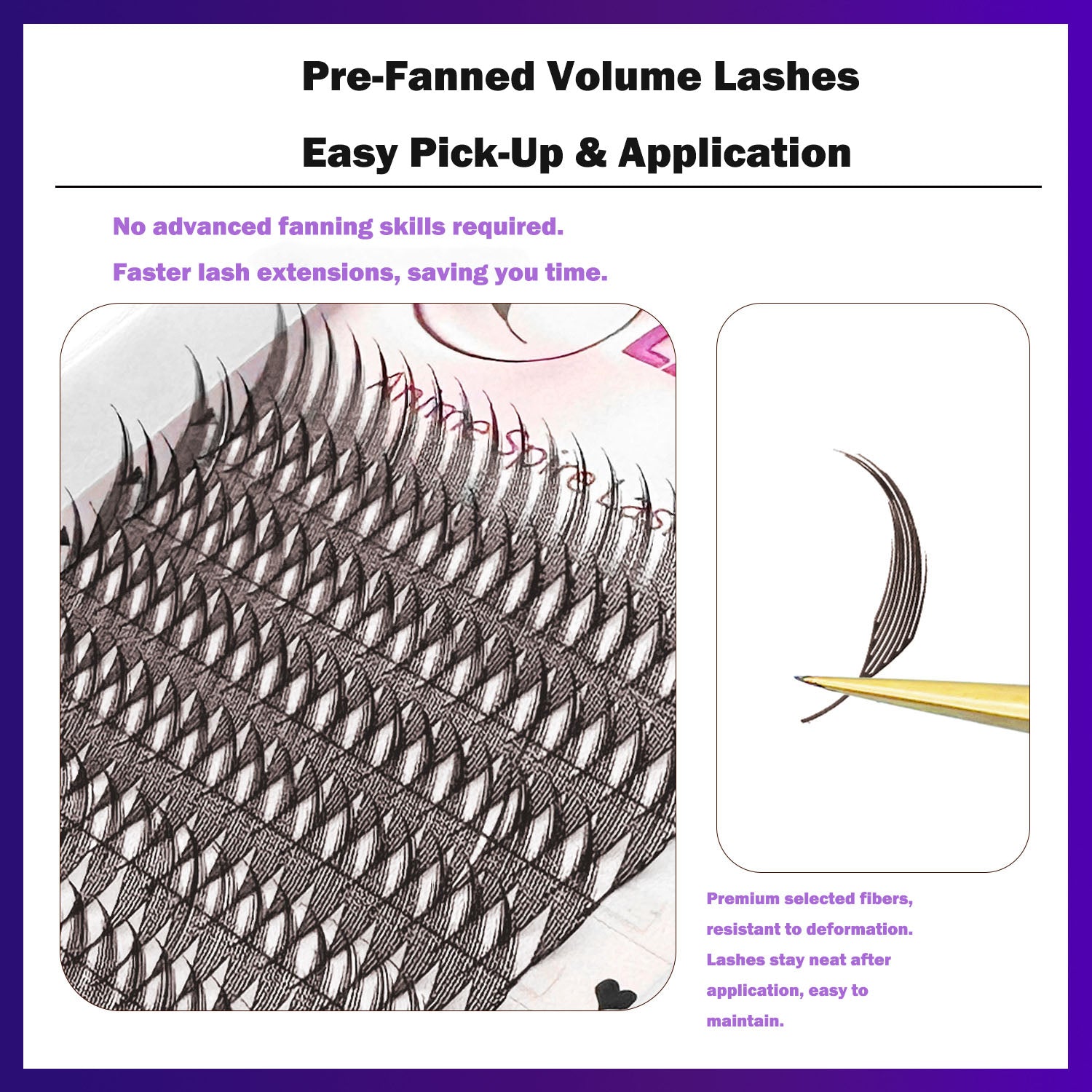 Pre-fanned manga volume lash extensions for easy pick-up and fast application, premium deformation-resistant fibers, beginner-friendly for lash artists