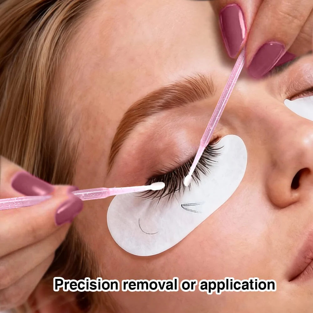 Salon application picture using micro applicator swabs for detailed lash cleaning and adhesive wipe off during eyelash grafting