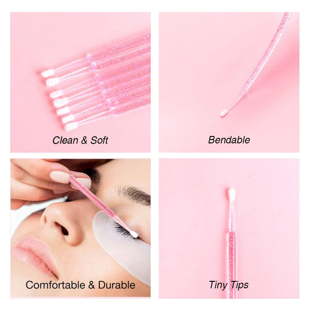 4-grid feature infographic of pink glitter micro swabs, bendable tiny tip disposable applicator for soft clean eyelash extension salon care