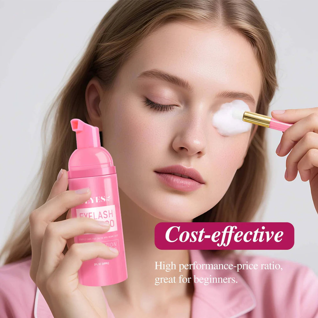 Model demonstrating eyelash shampoo cleaning with brush, cost-effective non-irritating lash foam cleanser for beginner salon daily care lifestyle