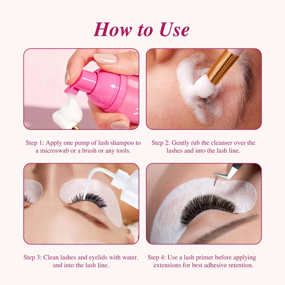 Step-by-step usage infographic for eyelash extension shampoo, 4 steps guide of cleaning grafted lashes before lash graft application salon tutorial chart